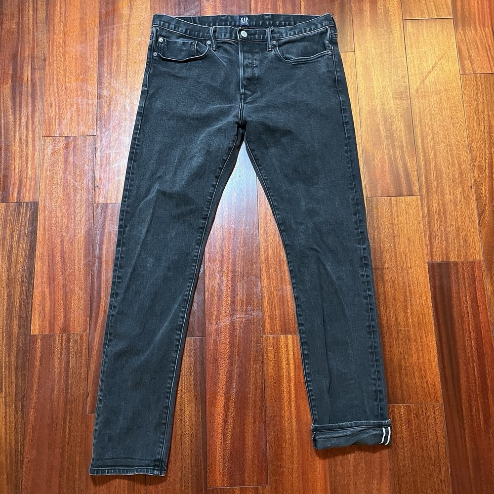 Gap Jeans Mens 34x32 Black Slim Fit Selvedge Denim 1969 Button Fly Grunge Dark